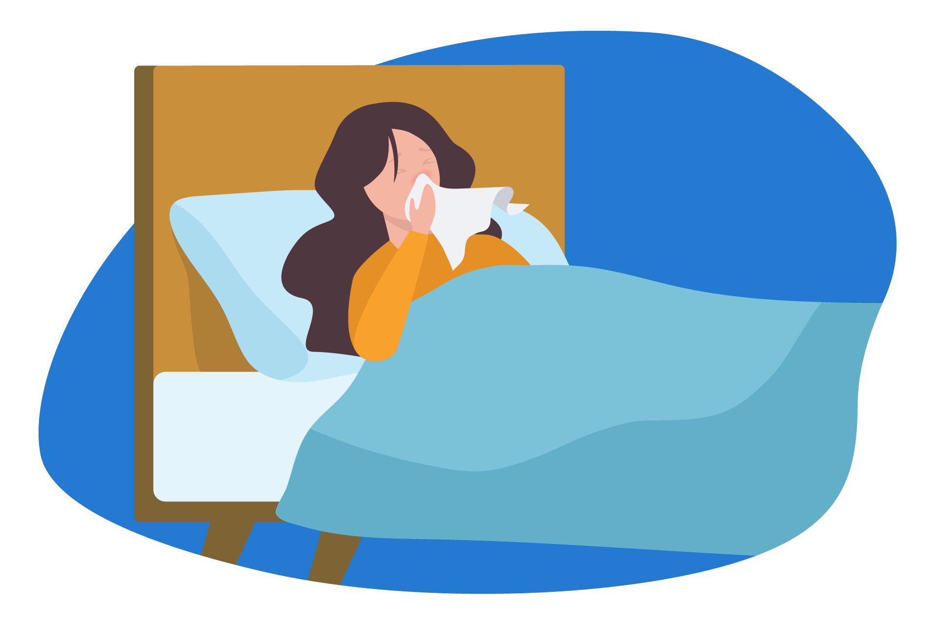 Ilustração de uma pessoa espirrando na cama